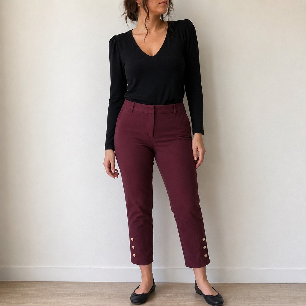 Ann Taylor Maroon Ankle Pants Button Detail Size 8 Dark Academia Office